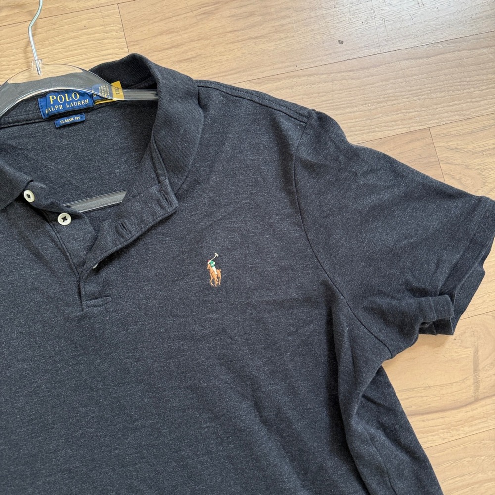 Polo Ralph Lauren Polo Shirt Mens L Gray Classic Fit Soft Cotton Interlock Logo